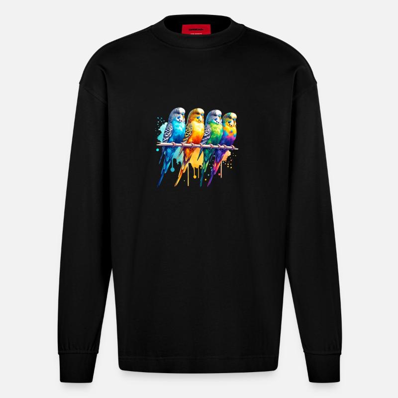 Bunte süße Wellensittiche - Heavyweight Oversized Organic Langarmshirt Made in EU - SOLID BLACK