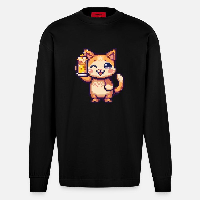 Chat Bière Pixel - Manches longues bio épais oversize fabriqué en UE - SOLID BLACK