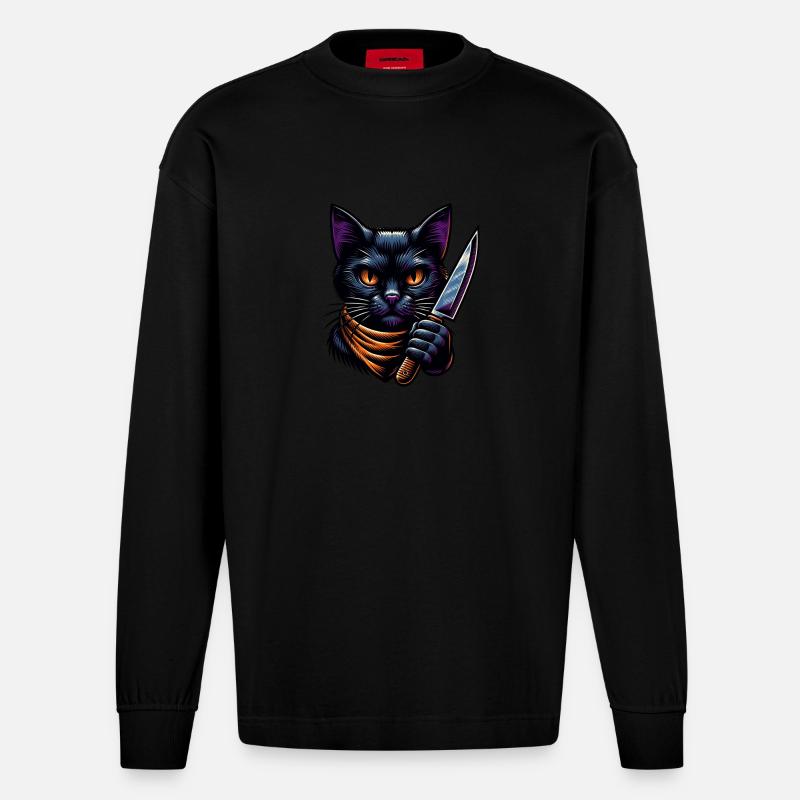 Böse Katze mit Messer - Heavyweight Oversized Organic Langarmshirt Made in EU - SOLID BLACK