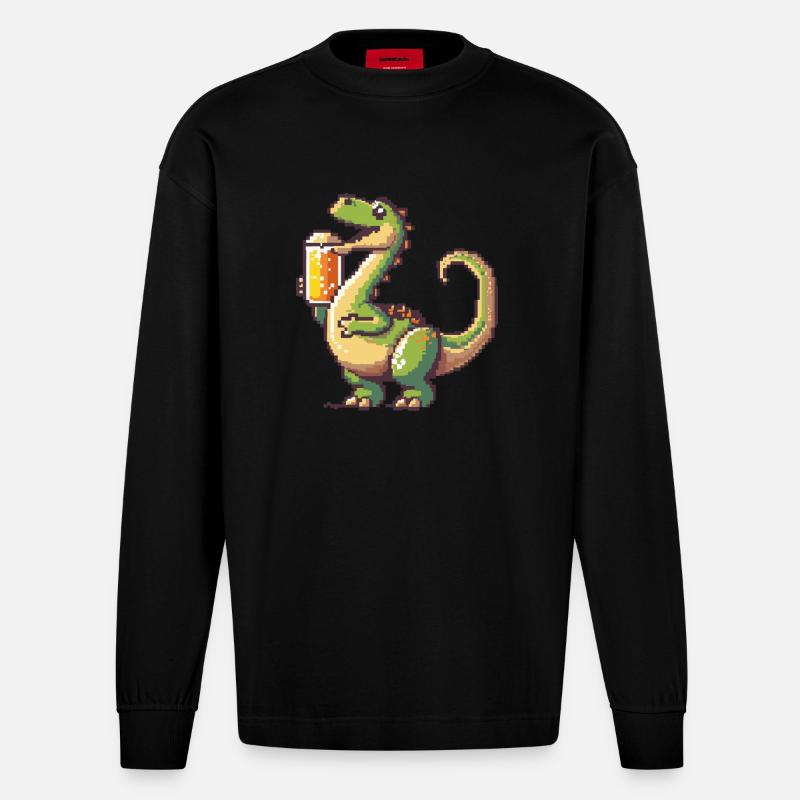 Dinosaurier brontosaurus Bier Pixel - Heavyweight Oversized Organic Langarmshirt Made in EU - SOLID BLACK