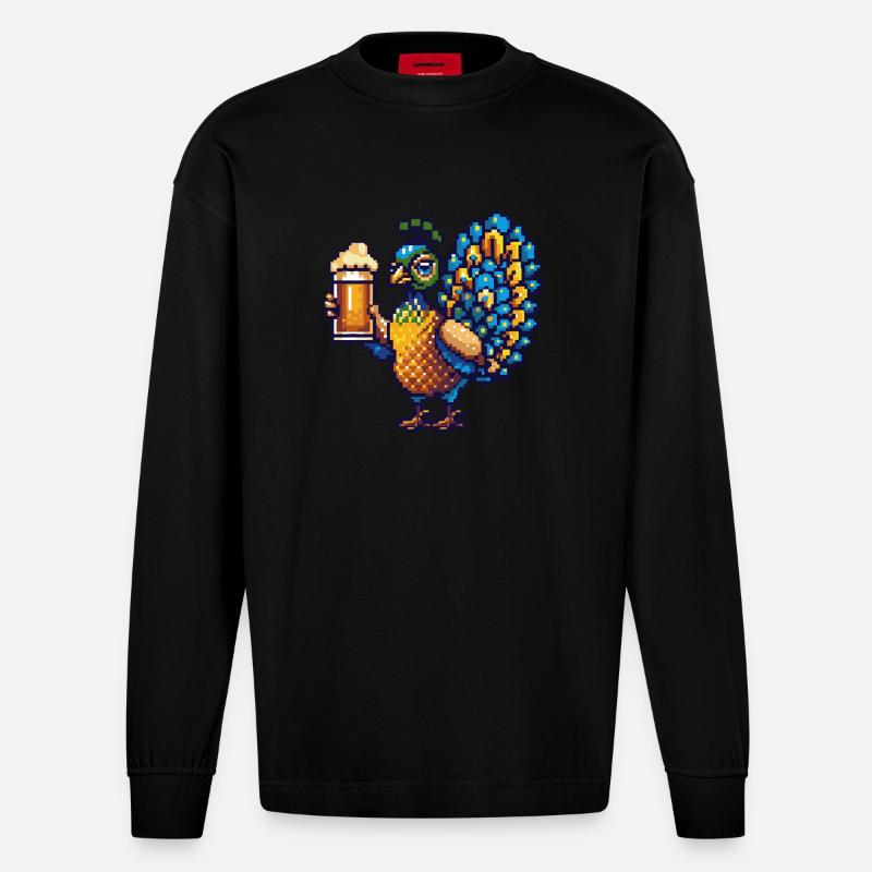 Pfau Vogel Bier Pixel - Heavyweight Oversized Organic Langarmshirt Made in EU - SOLID BLACK