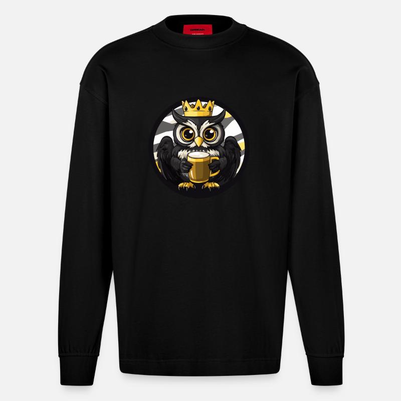 Eule Bier Comic - Heavyweight Oversized Organic Langarmshirt Made in EU - SOLID BLACK