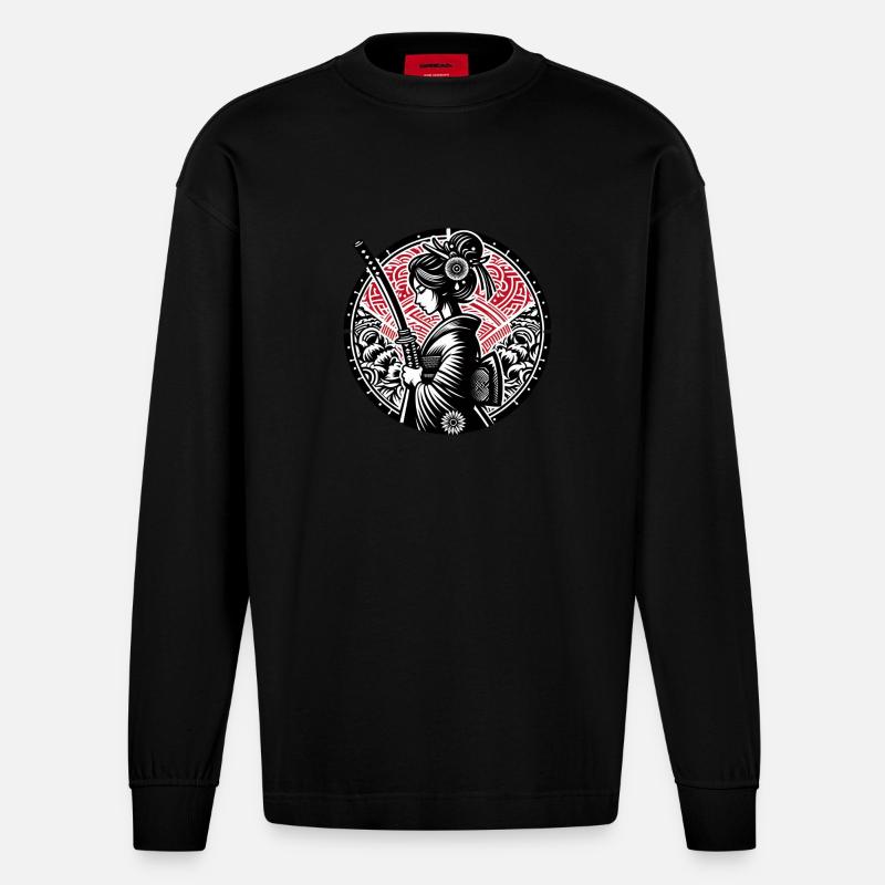 Samurai-Mädchen - Heavyweight Oversized Organic Langarmshirt Made in EU - SOLID BLACK