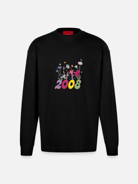 Year of birth 2008 wildflowers - Heavyweight Oversized Organic Longsleeve Shirt Made in EU - SOLID BLACK