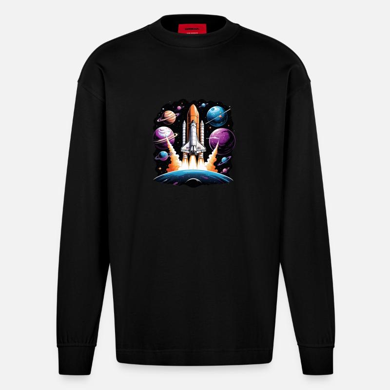 Rocket Astronaut Space Gift SpaceShuttle - Heavyweight Oversized Organic Longsleeve Shirt Made in EU - SOLID BLACK