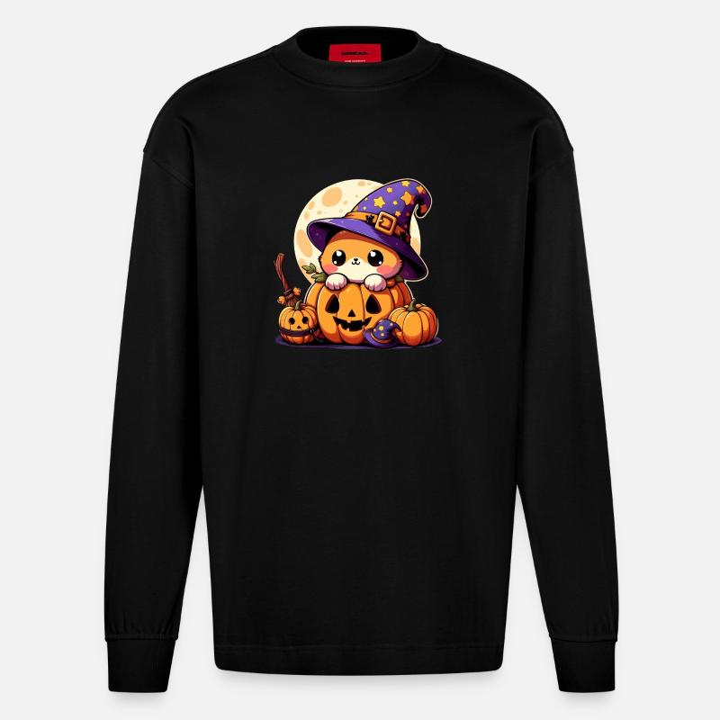 Petit Chat Mignon d'Halloween - Manches longues bio épais oversize fabriqué en UE - SOLID BLACK