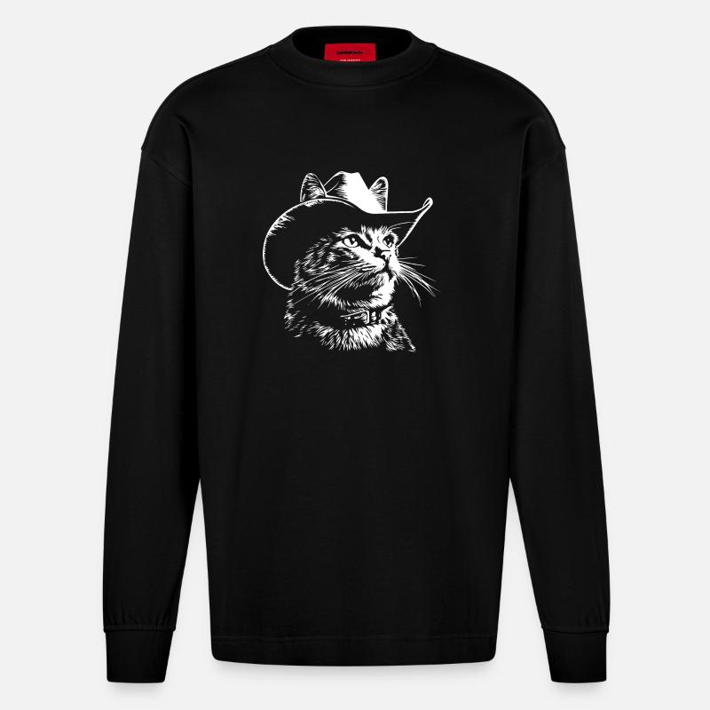 Drôle de chat cow-boy - Manches longues bio épais oversize fabriqué en UE - SOLID BLACK