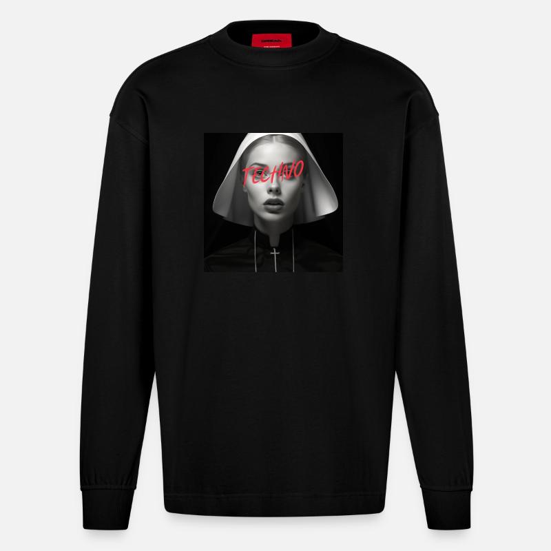 Techno Nun - Rave Design - Heavyweight Oversized Organic Langarmshirt Made in EU - SOLID BLACK