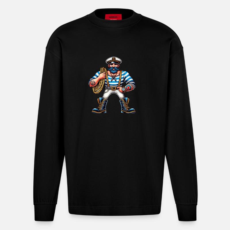 Matrose Seemann Comic - Heavyweight Oversized Organic Langarmshirt Made in EU - SOLID BLACK