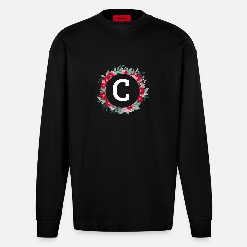 Buchstabe c Blumenkrone - Heavyweight Oversized Organic Langarmshirt Made in EU - SOLID BLACK