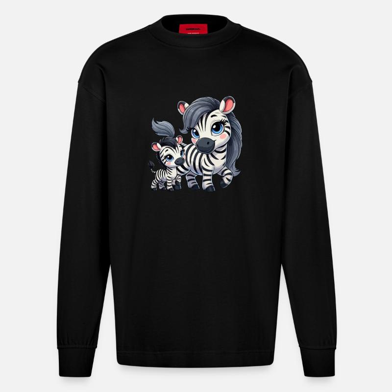 Zebra-Mutter mit Kind - Heavyweight Oversized Organic Langarmshirt Made in EU - SOLID BLACK