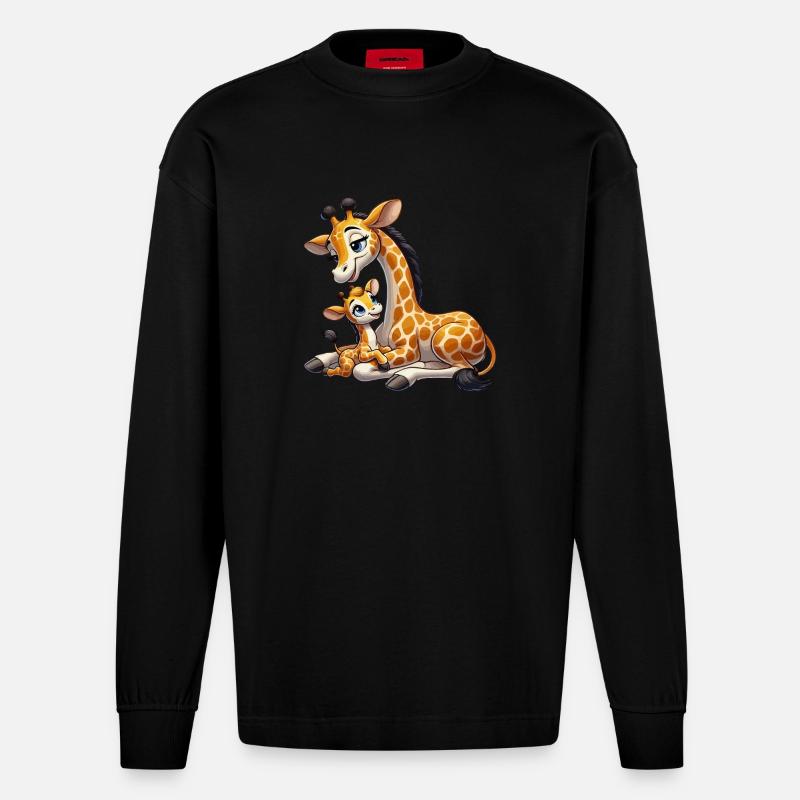 Giraffenmutter mit Kind - Heavyweight Oversized Organic Langarmshirt Made in EU - SOLID BLACK