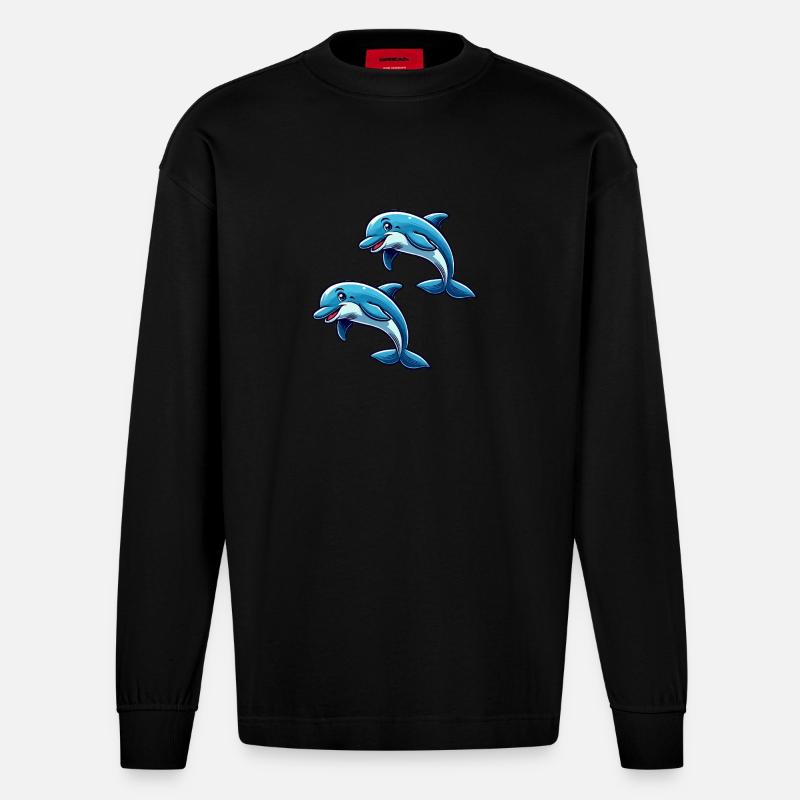 Delfin Delphine Comic - Heavyweight Oversized Organic Langarmshirt Made in EU - SOLID BLACK