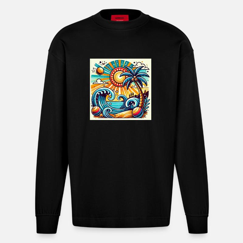 Coucher de soleil tropical - Manches longues bio épais oversize fabriqué en UE - SOLID BLACK