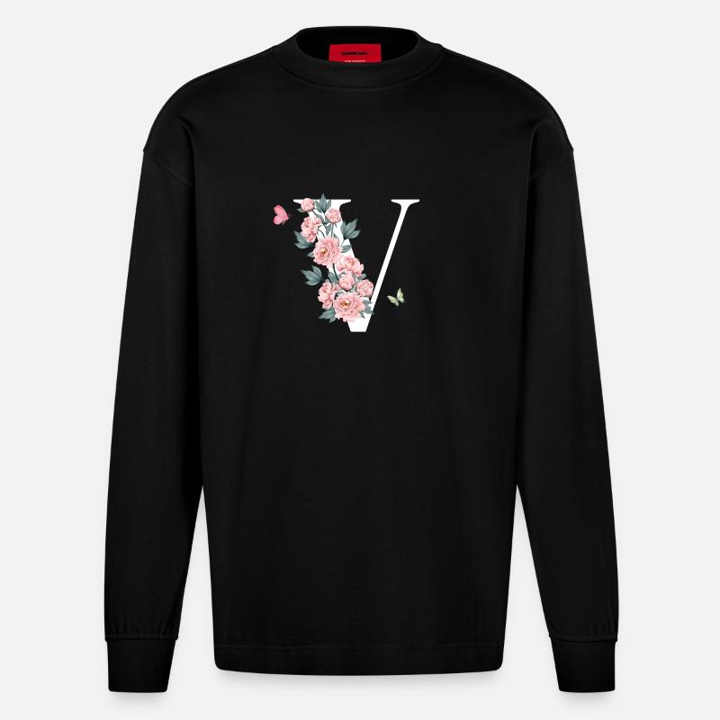 Buchstabe v rosa Blumen - Heavyweight Oversized Organic Langarmshirt Made in EU - SOLID BLACK