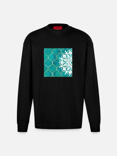Teal Mandala Moroccan Art - Heavyweight Oversized Organic Longsleeve Shirt Made in EU - SOLID BLACK