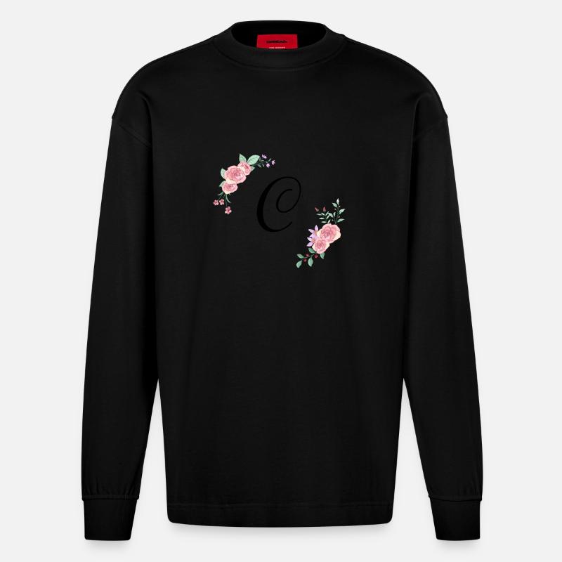 Rosa Blumenbuchstabe c - Heavyweight Oversized Organic Langarmshirt Made in EU - SOLID BLACK