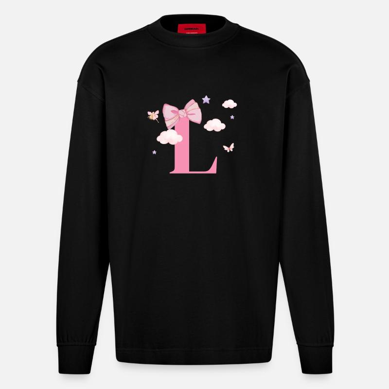 Buchstabe l Rosa Wolken - Heavyweight Oversized Organic Langarmshirt Made in EU - SOLID BLACK