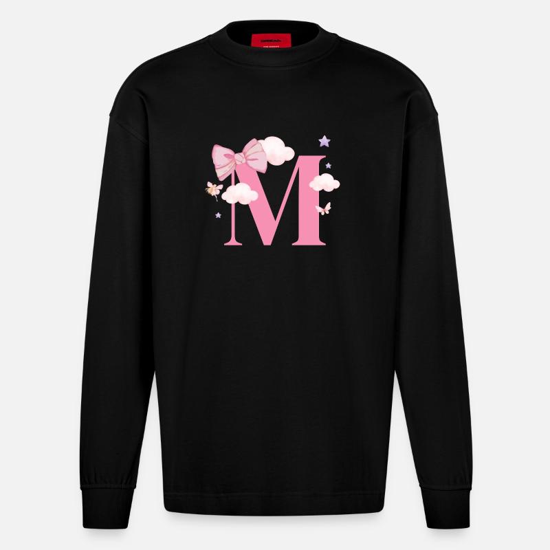 Buchstabe m rosa Wolken - Heavyweight Oversized Organic Langarmshirt Made in EU - SOLID BLACK