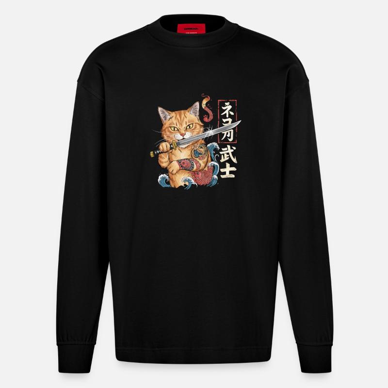 Samurai-Katze - Heavyweight Oversized Organic Langarmshirt Made in EU - SOLID BLACK