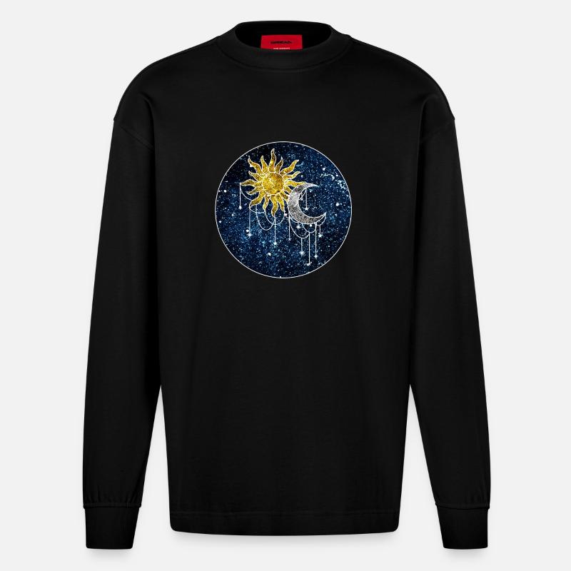 Kosmische Sonne und Mond - Heavyweight Oversized Organic Langarmshirt Made in EU - SOLID BLACK