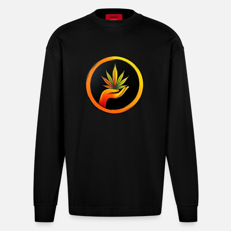 Marijuana leaf - LOGO button 1 - Heavyweight Oversized Organic Langarmshirt Made in EU - SOLID BLACK