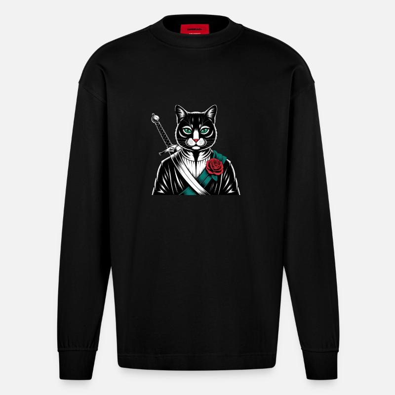 Die Samurai-Katze, die Bushido-Katze - Heavyweight Oversized Organic Langarmshirt Made in EU - SOLID BLACK