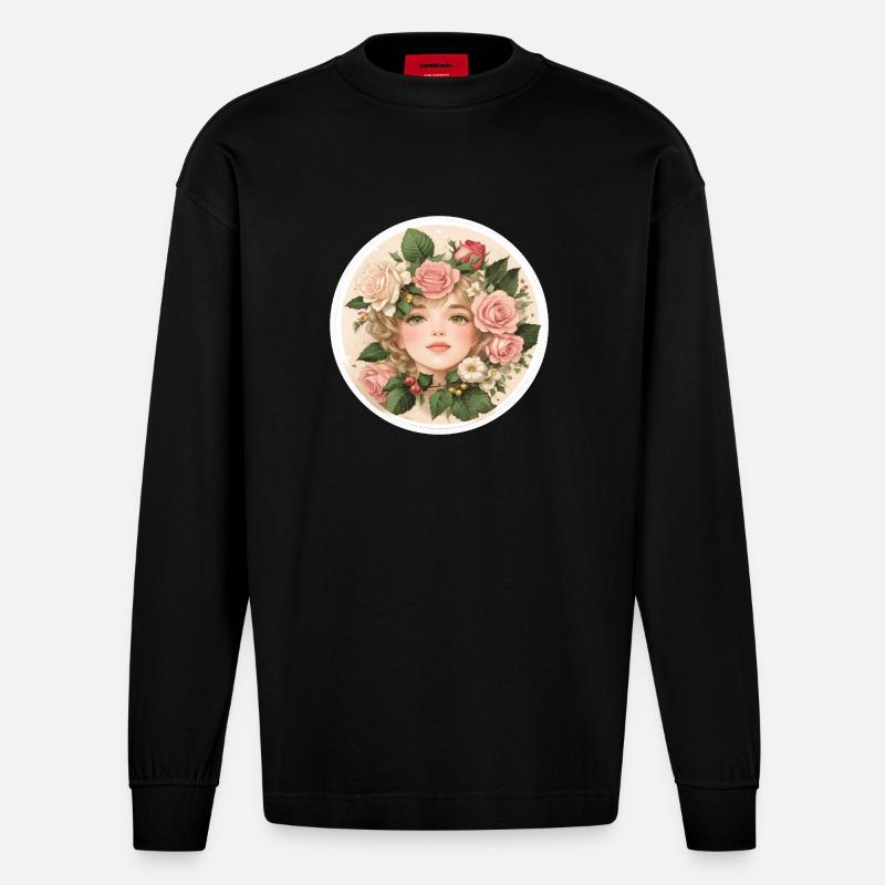 Blumenmädchen, Kreis, Rose - Heavyweight Oversized Organic Langarmshirt Made in EU - SOLID BLACK