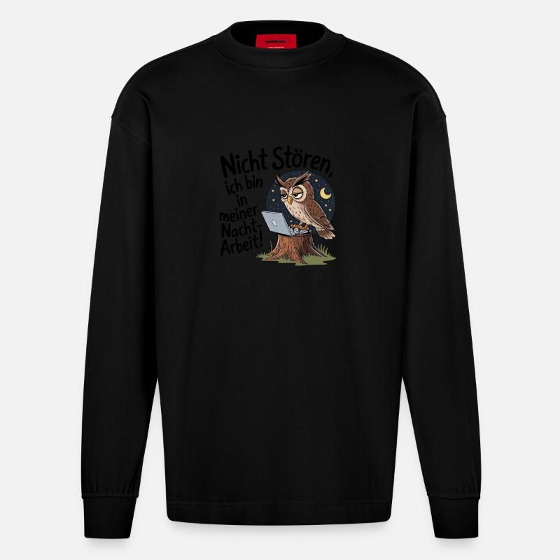 Eule auf Nachtschicht – Kaffee first! - Heavyweight Oversized Organic Langarmshirt Made in EU - SOLID BLACK