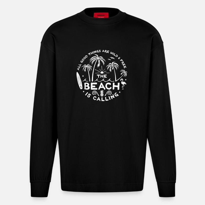 The Beach is Calling w - Heavyweight Oversized Organic Langarmshirt Made in EU - SOLID BLACK