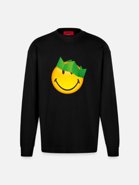 Smiley Green Crown - Heavyweight Oversized Organic Longsleeve Shirt Made in EU - SOLID BLACK