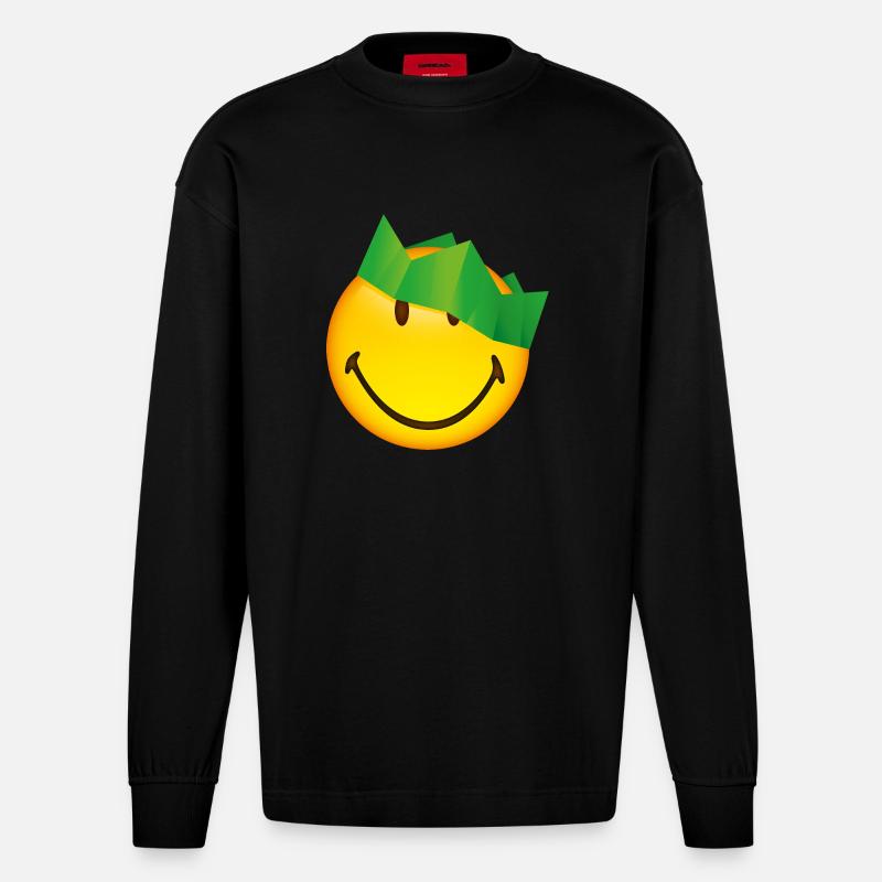 Smiley Green Crown - Heavyweight Oversized Organic Langarmshirt Made in EU - SOLID BLACK