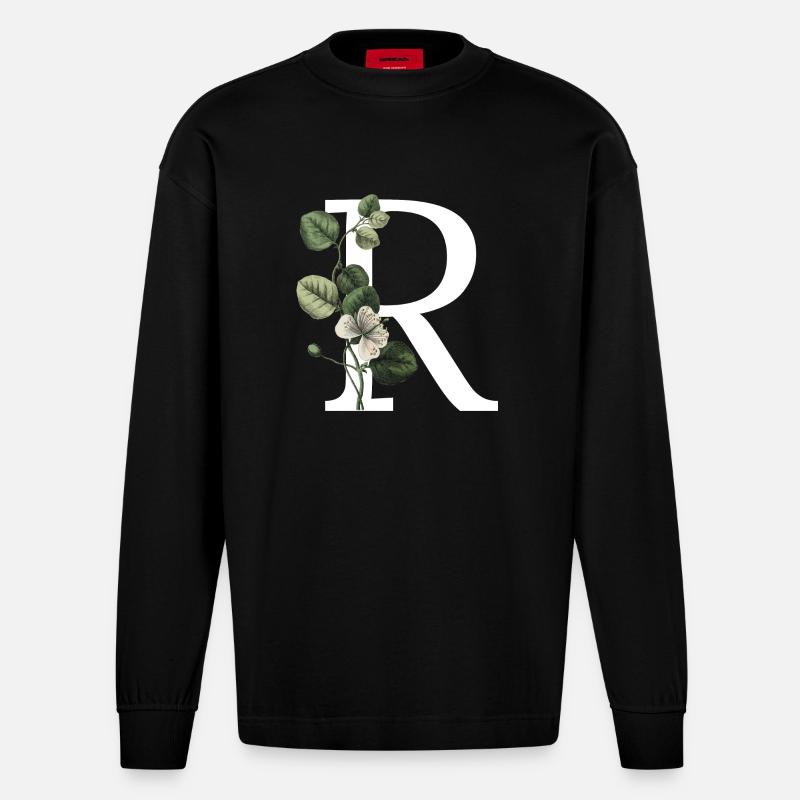 lettre r botanique vert - Manches longues bio épais oversize fabriqué en UE - SOLID BLACK