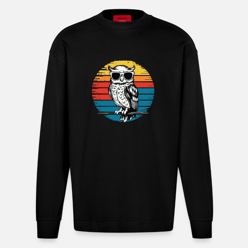 Nachteule Eule Eulen Vogel - Heavyweight Oversized Organic Langarmshirt Made in EU - SOLID BLACK