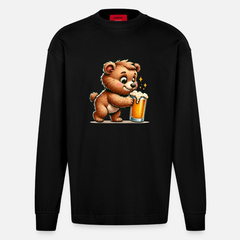 Cute Bear Drinking Beer - Heavyweight Oversized Organic Langarmshirt Made in EU - SOLID BLACK