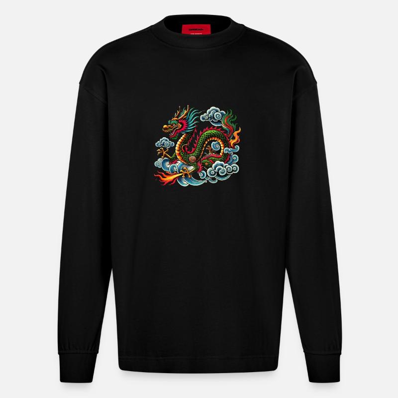 drache comic china - Heavyweight Oversized Organic Langarmshirt Made in EU - SOLID BLACK