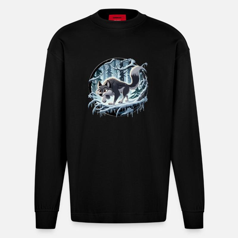 Wolf im eisigen Wald - Heavyweight Oversized Organic Langarmshirt Made in EU - SOLID BLACK