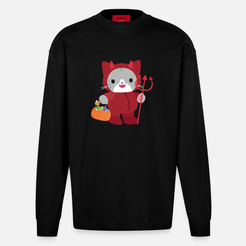 Chat d’Halloween Diable Rouge. Kawai - Manches longues bio épais oversize fabriqué en UE - SOLID BLACK
