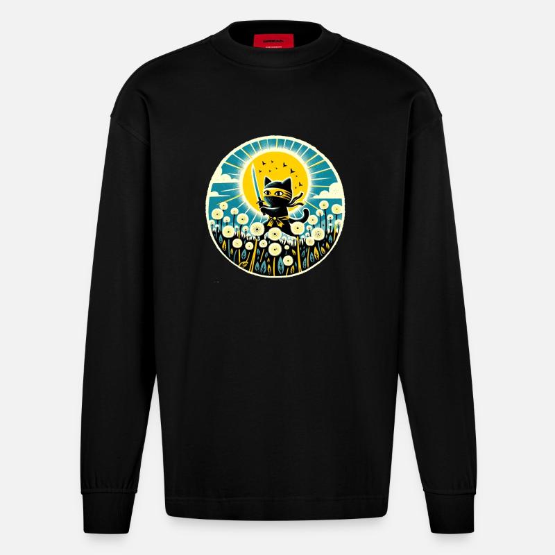 Löwenzahn Ninja Katze - Heavyweight Oversized Organic Langarmshirt Made in EU - SOLID BLACK