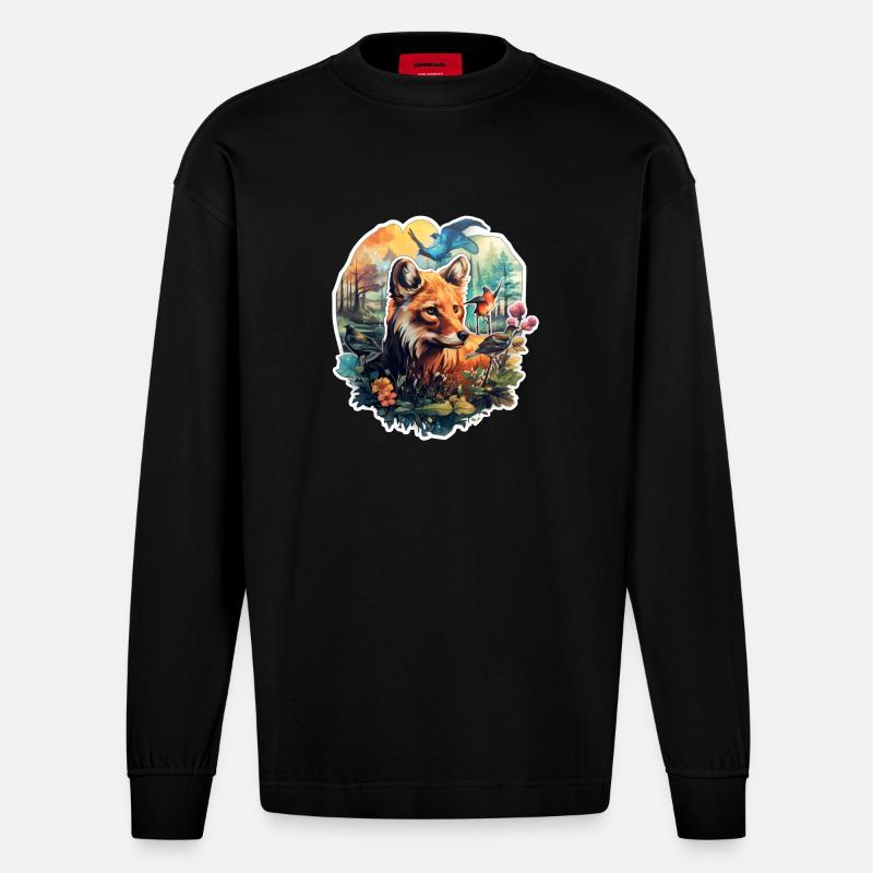 Fuchs auf einer Lichtung - Heavyweight Oversized Organic Langarmshirt Made in EU - SOLID BLACK