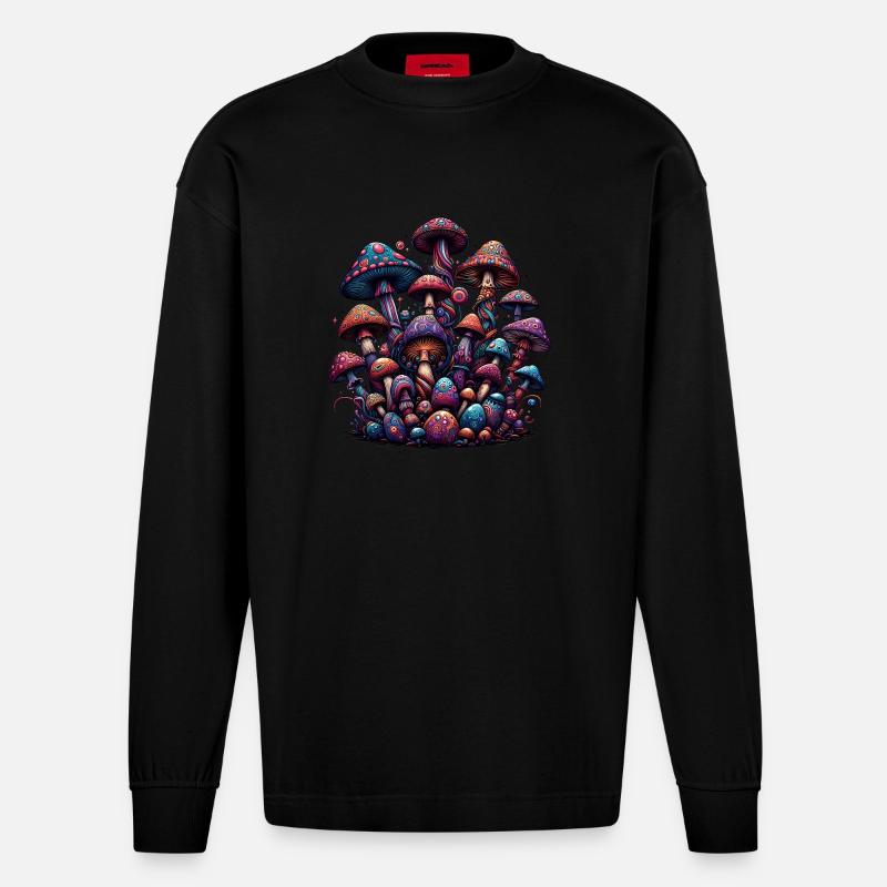 Psychedelic Mushroom Magic - Heavyweight Oversized Organic Langarmshirt Made in EU - SOLID BLACK