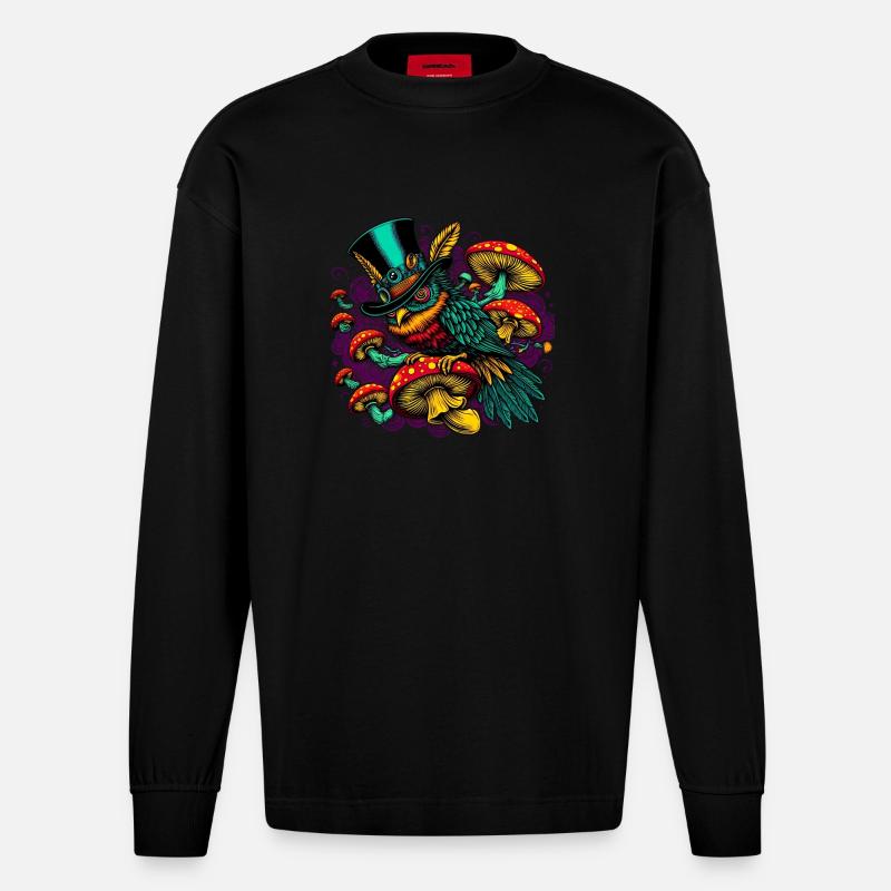 Bunte Eule mit Zylinderhut - Heavyweight Oversized Organic Langarmshirt Made in EU - SOLID BLACK