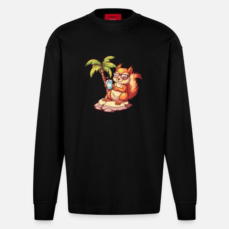 Eichhörnchen Sommer Strand Comic - Heavyweight Oversized Organic Langarmshirt Made in EU - SOLID BLACK