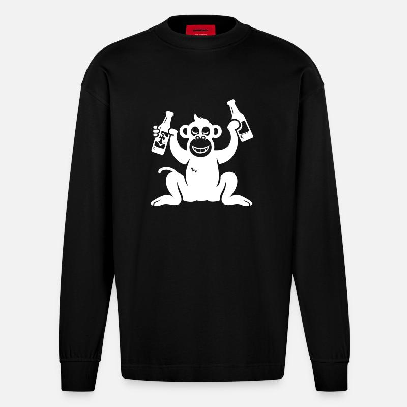 Affe Bier Saufen - Heavyweight Oversized Organic Langarmshirt Made in EU - SOLID BLACK