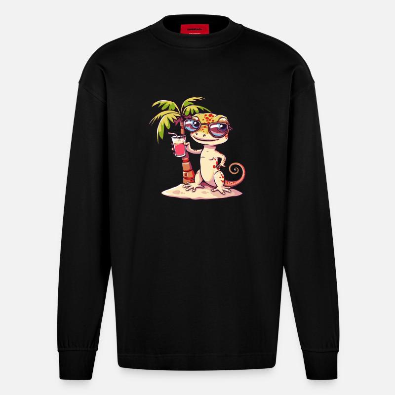 Echse Sommer Strand Comic - Heavyweight Oversized Organic Langarmshirt Made in EU - SOLID BLACK