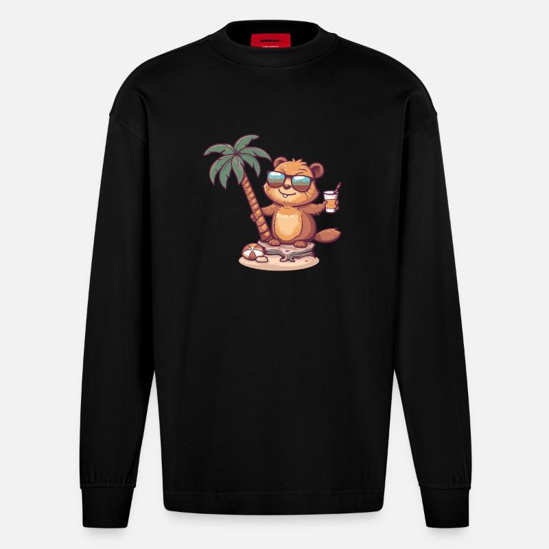 Biber Sommer Strand Comic - Heavyweight Oversized Organic Langarmshirt Made in EU - SOLID BLACK