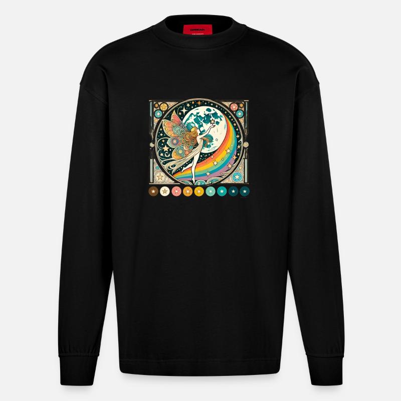 Retro Regenbogen Fee - Heavyweight Oversized Organic Langarmshirt Made in EU - SOLID BLACK
