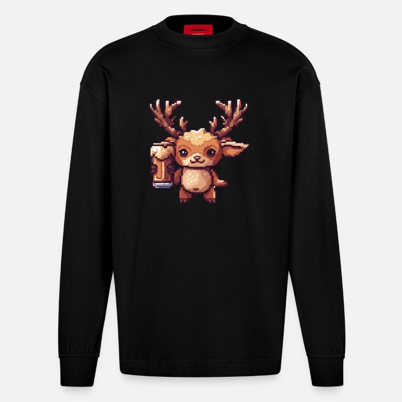 Cerf Bière Pixel - Manches longues bio épais oversize fabriqué en UE - SOLID BLACK