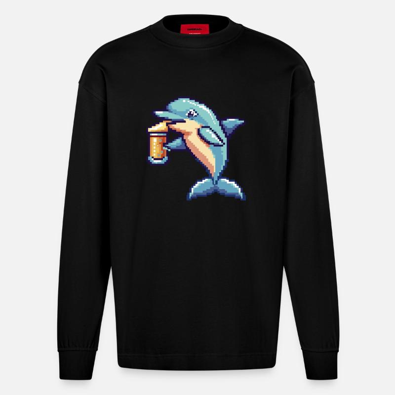 Delfin Bier Pixel - Heavyweight Oversized Organic Langarmshirt Made in EU - SOLID BLACK