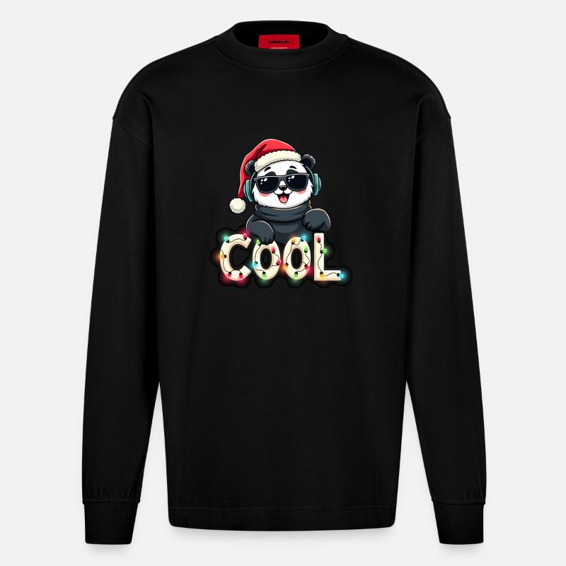 Noël panda cool - Manches longues bio épais oversize fabriqué en UE - SOLID BLACK